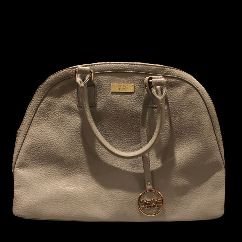 BCBG Dome Satchel Handbag Taupe Faux Leather Gold Hardware Minimalist Neutral